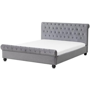 Bett Grau 140 x 200 cm Samtstoff Stilvolle Versteppung Hohe Kopfteil Geschwungene Formgebung Chesterfield