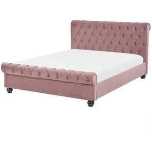 Bett Rosa 140 x 200 cm Samtstoff Stilvolle Versteppung Hohe Kopfteil Geschwungene Formgebung Chesterfield