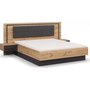 Bettanlage RAUCH Bilbao-Extra Schlafzimmermöbel-Sets Gr. B/H/T: 258 cm x 109 cm x 207 cm, ohne Matratze, B/H: 160 cm x 200 cm, braun (eiche artisan, grau metallic) Bettgestell Bettgestelle mit Polsterkopfteil und Beleuchtung