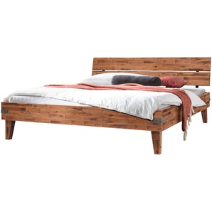 Bettgestell HASENA Aloa Betten Gr. Liegefläche B/L: 140 cm x 200 cm Betthöhe: 18 cm, braun (braun, braun) Bettgestelle Akazie massiv, mit Massivholzkopfteil, zwei verschiedene Liegehöhen