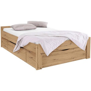 Bettgestell mit 3 Schubladen 140 x 200cm Spanplatte, lackiert Braun/Eiche Artisan Dekor Eiche