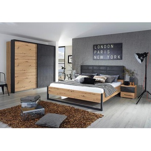 Bettgestell 140 x 200cm Kopfteil: Kunstleder Rahmen: Spanplatte, foliert Gestell: Metall, lackiert Grau/Eiche Artisan Dekor/Anthrazit Eiche