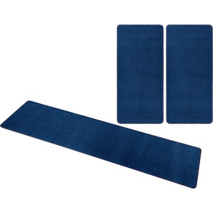 Bettumrandung HANSE HOME Shashi Gr. B/L (Brücke): 70 cm x 140 cm (2 St.) B/L (Läufer): 70 cm x 240 cm (1 St.), U-förmig, blau (dunkelblau) Bettumrandung Bettumrandungen Kurzflor, Uni-Farben, Bettvorleger, 3-tlg. Läufer-Set, gekettelt