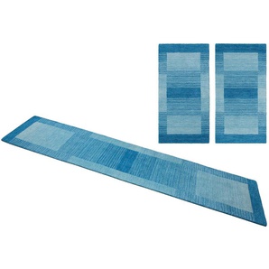 Bettumrandung THEKO Gabbeh Super Gr. B/L (Brücke): 70 cm x 140 cm (2 St.) B/L (Läufer): 70 cm x 320 cm (1 St.), U-förmig, blau Bettumrandungen Bettvorleger, reine Schurwolle, handgewebt, mit Bordüre, Läufer-Set