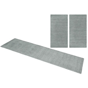 Bettumrandung THEKO Gabbeh Uni Gr. B/L (Brücke): 70 cm x 140 cm (2 St.) B/L (Läufer): 70 cm x 320 cm (1 St.), rechteckig, blau (hellblau, grau) Bettumrandungen Bettvorleger, Uni-Farben, meliert, Schurwolle, handgewebt, Läufer-Set