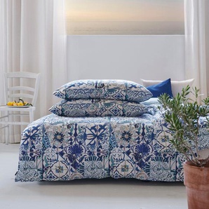 Bettwäsche APELT Azzuro Gr. B/L: 135 cm x 200 cm (1 St.), B/L: 80 cm x 80 cm (1 St.), Satin (Bio-Baumwolle), blau Satin-Bettwäsche Handgemalte blau-weiße Kacheln im Amalfi-Style, GOTS zertifiziert