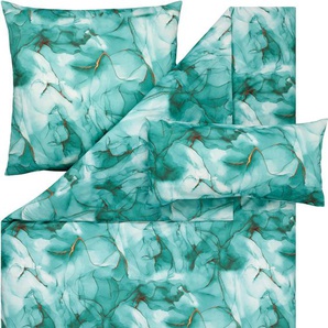 Bettwäsche ESTELLA MARBLE Gr. B/L: 155 cm x 220 cm (1 St.), B/L: 80 cm x 80 cm & 80 cm x 40 cm (2 St.), Mako-Satin, blau (türkis) Bettwäsche 155x220 cm Gratiskissenbezug 40x80