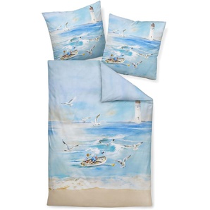 Bettwäsche JANINE modern art S 42111 Gr. B/L: 135 cm x 200 cm (1 St.), B/L: 80 cm x 80 cm (1 St.), Mako-Satin, blau (meerblau) Bettwäsche 135x200 cm mit Reißverschluss