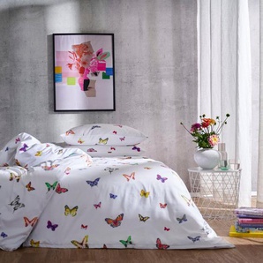 Bettwäsche Lucky, APELT, Satin (Bio-Baumwolle), Farbig tanzende Schmetterlinge, modische Statement im Schlafbereich