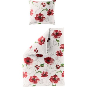 Bettwäsche Red Flowers, BIERBAUM, Seersucker, 2 teilig, Seersucker, 100 % Baumwolle, mit floralem Muster, pflegeleicht