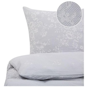 Bettwäsche Set Grau Baumwolle Blumenmuster 3-teilig Überlänge für Doppelbett 200x220 cm 2 Kopfkissenbezüge und Deckenbezug mit Knopfverschluss