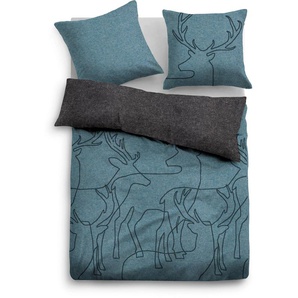Bettwäsche TOM TAILOR WITT-PBK-Bettwäsche-temporär Gr. B/L: 135 cm x 200 cm, 1 tlg., Flanell, B/L: 80 cm x 80 cm, grau (blau, anthrazit) Flanell-Bettwäsche