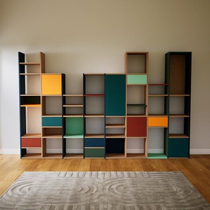 Aktenregal Eiche - Büroregal: Schubladen in Blau & Türen in Blaugrün - Hochwertige Materialien - 310 x 194 x 34 cm, konfigurierbar
