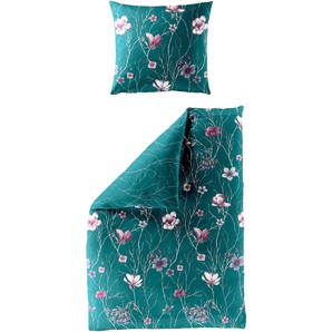 Bettwäsche BIERBAUM Lilli Gr. B/L: 155 cm x 220 cm (1 St.), B/L: 80 cm x 80 cm (1 St.), Mako-Satin, grün (jade) Bettwäsche 155x220 cm Mako-Satin, 100 % Baumwolle, mit Blumen, pflegeleicht