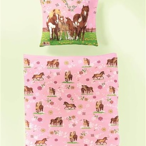 Bierbaum Kinder Renforcé Bettwäsche 2 teilig Bettbezug 135 x 200 cm Kopfkissenbezug 80 x 80 cm rosa Pferdefreunde