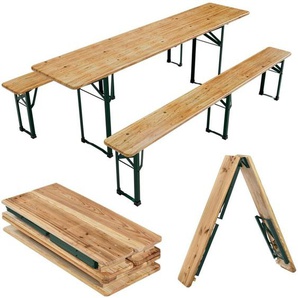Bierzeltgarnitur 3-teilig Biertischgarnitur mittig klappbar 220 cm - Gartenmöbel Set aus Tannenholz Biertisch Bierbänke Festzeltgarnitur Natur