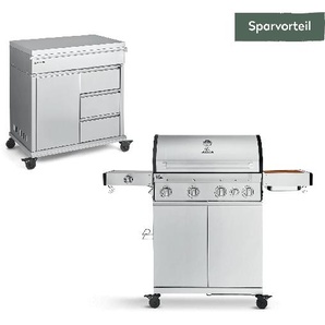 Big FRED 4-Brenner Deluxe Gasgrill mit Grill Beistellwagen und Gusseisen Grillrosten Set 3-tlg.
