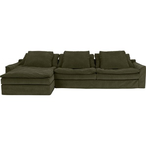 Big-Sofa FURNINOVA Sake Sofas Gr. B/H/T: 334 cm x 95 cm x 182 cm, Cord, Recamiere links, ohne Bettfunktion, grün (green) XXL Sofas mit 6 Kissen, abnehmbarer Hussenbezug, Kissen Federn gefüllt