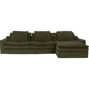 Big-Sofa FURNINOVA Sake Sofas Gr. B/H/T: 334 cm x 95 cm x 182 cm, Cord, Recamiere rechts, ohne Bettfunktion, grün (green) XXL Sofas mit 6 Kissen, abnehmbarer Hussenbezug, Kissen Federn gefüllt