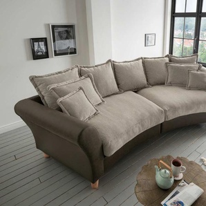 Big Sofa in braun bezogen mit 5 Rückenkissen, 2 Zierkissen, 2 Wendekissen, Holzfüße Eiche, Maße: B/H/T ca. 328/98/134 cm