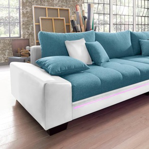 Big-Sofa MR. COUCH Nikita Sofas Gr. B/H/T: 300 cm x 86 cm x 118 cm, Kunstleder SOFTLUX-Struktur, belastbar bis 140kg-mit RGB-LED-Beleuchtung-ohne Soundsystem, blau (weiß, türkis) Sofas mit LED