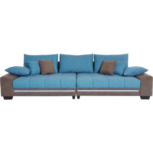 Big-Sofa MR. COUCH Nikita Sofas Gr. B/H/T: 300 cm x 86 cm x 118 cm, Microfaser PRIMABELLE-Struktur, belastbar bis 140kg-mit RGB-LED-Beleuchtung-mit Soundsystem, blau (anthrazit, türkis) Sofas mit LED
