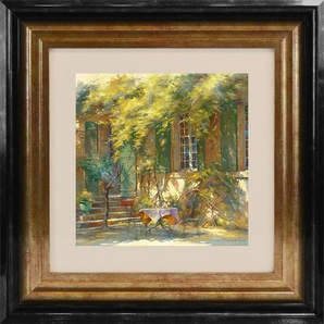 Bild La terrasse du château , Gelb, Grün, Sand , Kunststoff, Glas, Papier, Karton , quadratisch , 55x55x3.5 cm , gerahmt , Bilder, Gerahmte Bilder