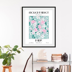Bild QUEENCE Flowermarket Bilder Gr. B/H: 50 cm x 70 cm, Wandbild Blumen Hochformat, 1 St., pink (pink, blau) Kunstdrucke