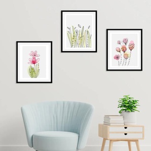 Bild QUEENCE Set Flora Dream Bilder Gr. B/H: 30 cm x 40 cm, Wandbild Blumen Hochformat, 1 St., rosa (rosa, grün) Kunstdrucke