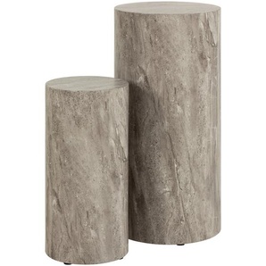 Blumentischset, Grau, Holzwerkstoff, 2-teilig, Marmoroptik, rund, 35x25x25 cm, Wohnzimmer, Wohnzimmertische, Blumenständer