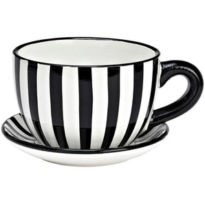 Blumentopf, Schwarz, Weiß, Keramik, halbrund, 20x12x15 cm, Dekoration, Blumen & Zubehör, Übertöpfe