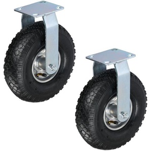 Bockrollen 2er Set, luftbereift 3.00-4, Schwerlastrad, Transportrolle Stahlplatte, bis 120 kg, schwarz/silber - Relaxdays