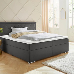 Boxbett LEONIQUE Alfie, Bestseller, wahlweise mit Bettkasten, grau (anthrazit), L:206cm, Bezug Bett: Samtvelours (100% Polyester), Bezug der Spiegelfläche Matratzendrell aus 100% Polyester. Topperbezug abnehmbar und waschbar bis 30u00ba C, aus 100%