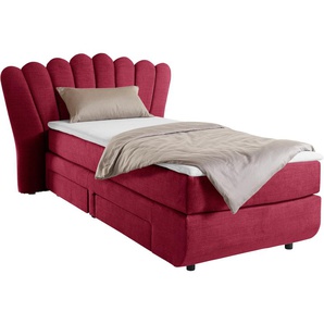 Boxbett LEONIQUE Fleurir Komplettbetten Gr. Flachgewebe Polyester Schubkästen links, Topper Premium, Liegefläche B/L: 90 cm x 200 cm Betthöhe: 58 cm, Gewicht bis: 80 kg H2, 7-Zonen-Taschen-Federkernmatratze, rot (coral) Boxspringbett Boxspringbetten ohne