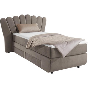 Boxbett LEONIQUE Fleurir Komplettbetten Gr. Samtvelours Polyester Schubkästen links, Topper Basic, Liegefläche B/L: 90 cm x 200 cm Betthöhe: 58 cm, Gewicht bis: 80 kg H2, 7-Zonen-Taschen-Federkernmatratze, grau (taupe) Boxspringbett Boxspringbetten ohne