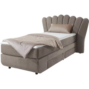 Boxbett LEONIQUE Fleurir Komplettbetten Gr. Samtvelours Polyester Schubkästen rechts, Topper Basic, Liegefläche B/L: 90 cm x 200 cm Betthöhe: 58 cm, Gewicht bis: 100 kg H3, 7-Zonen-Taschen-Federkernmatratze, grau (taupe) Boxspringbett Boxspringbetten ohne