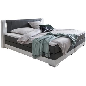 Boxspringbett 180 x 200 cm, LED, grau/weiß, Kunstleder-Optik, inkl. 5 cm Topper & inkl. Matratze H3 - Bett, Doppelbett, Schlafbett, Designerbett, Luxusbett