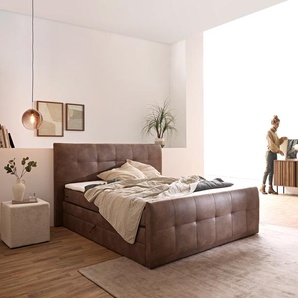 Boxspringbett Amarillo 180x200 cm Braun mit Matratze, Topper und Bettkasten, Boxspringbetten