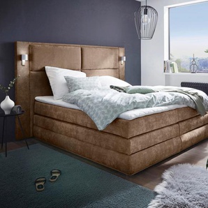Boxspringbett COLLECTION AB Copenhagen, braun (mittelbraun), B:231cm L:215cm, Holzwerkstoff, Spanplatte, Komplettbetten, inklusive Bettkasten, Topper, wahlweise mit LED-Beleuchtung, Topseller