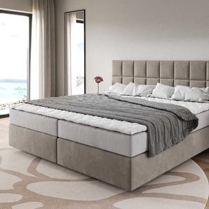 Boxspringbett Dream-Fine Mikrofaser Beige 200x200 cm mit Taschenfederkernmatratze und Topper Visco, Boxspringbetten