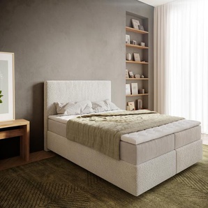 Boxspringbett Dream-Well 140x200 cm Bouclé Creme-Weiß mit Taschenfederkernmatratze und Topper Visco, Boxspringbetten