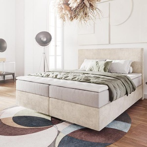 Boxspringbett Dream-Well 180x200 cm Cord Beige mit Taschenfederkernmatratze und Topper Visco, Boxspringbetten