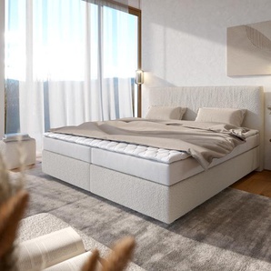 Boxspringbett Dream-Well Bouclé Creme-Weiß 200x200 cm Bonell-Matratze PU-Topper, Boxspringbetten