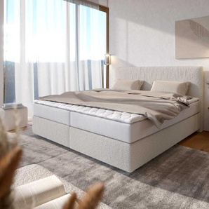 Boxspringbett Dream-Well Bouclé Creme-Weiß 200x200 cm mit Taschenfederkernmatratze und Topper Visco, Boxspringbetten