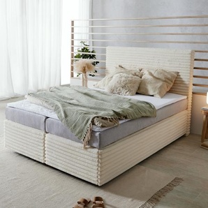 Boxspringbett Dream-Well Plüsch-Cord Beige 140x200 cm Bonell-Matratze PU-Topper, Boxspringbetten