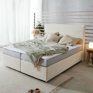 Boxspringbett Dream-Well Plüsch-Cord Beige 160x200 cm Bonell-Matratze PU-Topper, Boxspringbetten