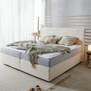 Boxspringbett Dream-Well Plüsch-Cord Beige 200x200 cm mit Taschenfederkernmatratze und Topper Visco, Boxspringbetten