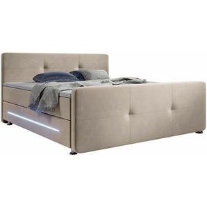 Boxspringbett Houston – Doppelbett mit LED-Beleuchtung, Topper & Bonell-Federkern-Matratzen – Bett Polsterbett mit Stoff - 140x200 cm Beige - Juskys