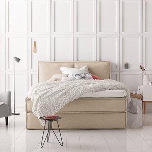 Premium Boxspringbett mit Kopfteil 180 x 220cm Flachgewebe Beige/Beige H2 130 cm