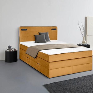 Boxspringbett LEONIQUE Adil Komplettbetten Gr. Samtoptik mit Bettkasten LED-Beleuchtung, Liegefläche B/L: 180 cm x 200 cm Betthöhe: 64 cm, Gewicht bis: 100 kg H3, Taschen-Federkernmatratze, goldfarben (gold) Boxspringbetten mit Bettkasten LED Beleuchtung,